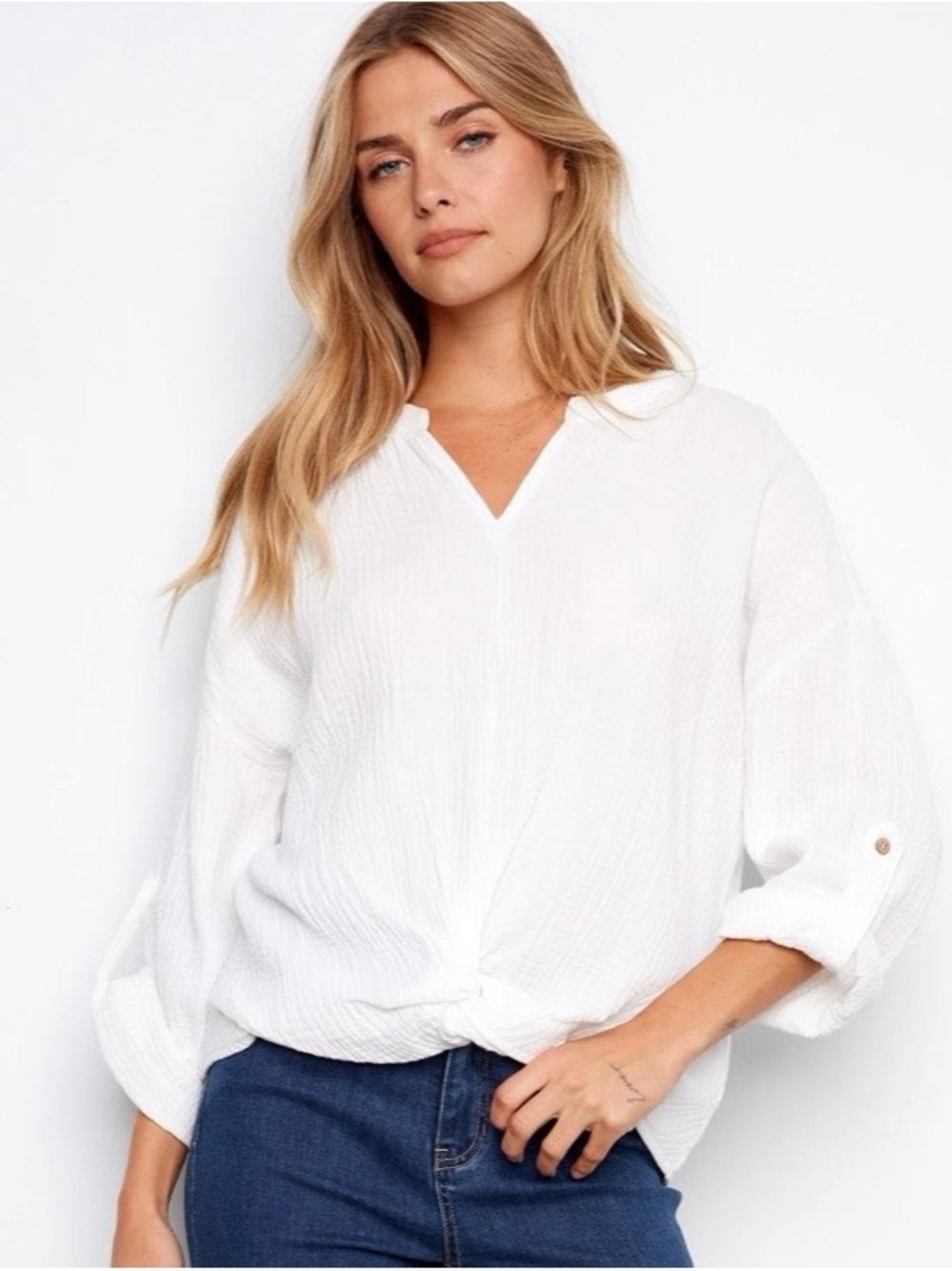 Charlie B White Cotton Front Knot Blouse Size M/M NWOT